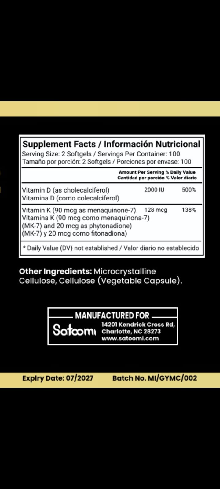 Vitamina D3+K2 - Satoomi - Imagen 2